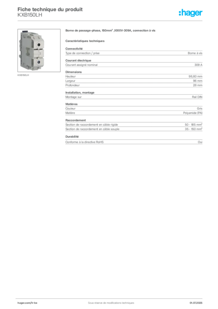 Image Hager Fiche technique du produit KXB150LH | Hager Belgique