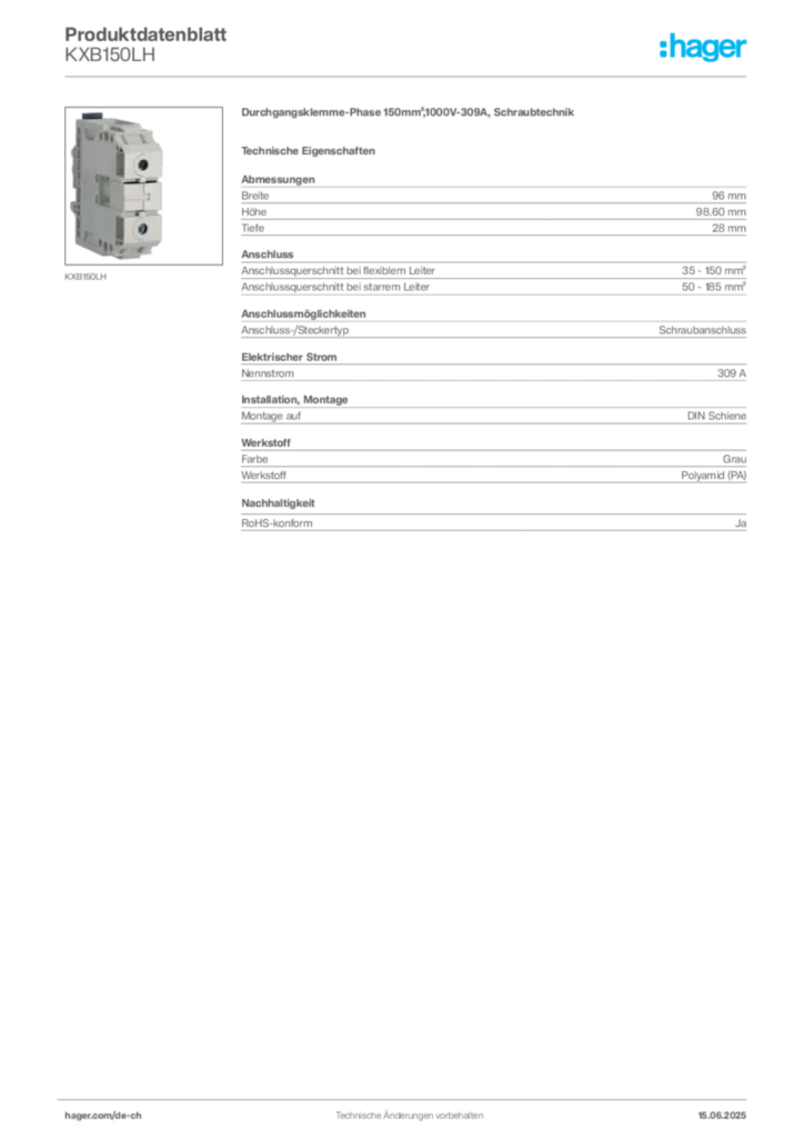 Bild Hager Produktdatenblatt KXB150LH | Hager Schweiz