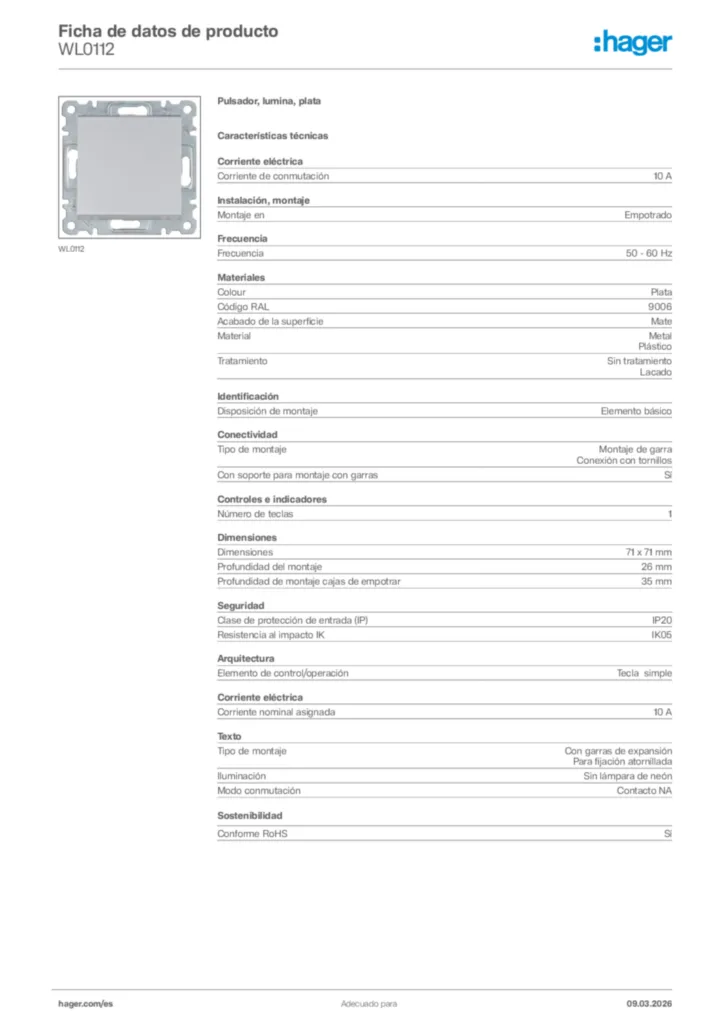 Imagen Hager Ficha de datos de producto WL0112 | Hager España