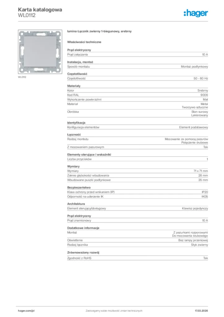 Zdjęcie Hager Karta katalogowa WL0112 | Hager Polska