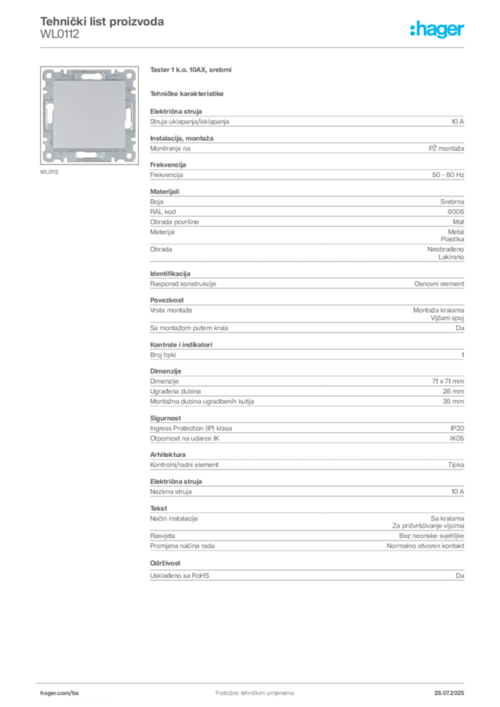 Slika Hager Product data sheet WL0112  | Hager