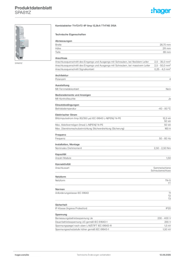 Bild Hager Produktdatenblatt SPA811Z | Hager Deutschland