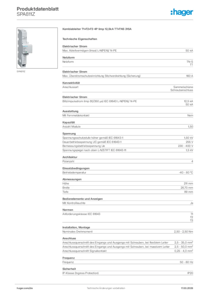 Bild Hager Produktdatenblatt SPA811Z | Hager Deutschland