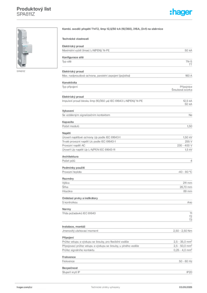 Obrázek Hager Produktový list SPA811Z | Hager
