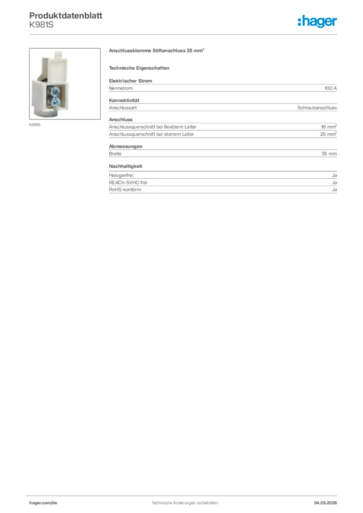 Bild Hager Produktdatenblatt K981S | Hager Deutschland