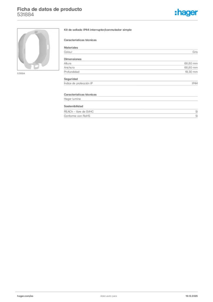 Imagen Hager Ficha de datos de producto 531884 | Hager España