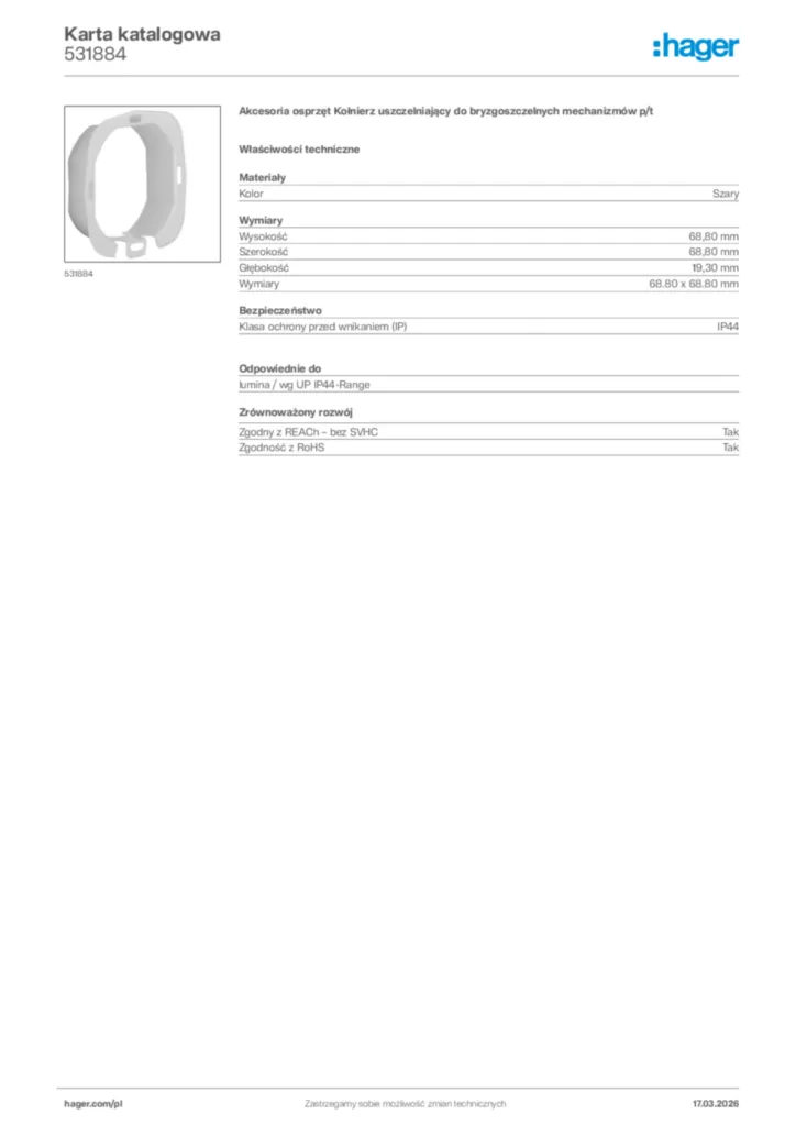 Zdjęcie Hager Karta katalogowa 531884 | Hager Polska