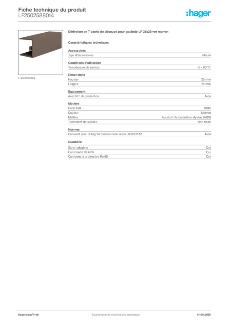 Image Hager Fiche technique du produit LF2502588014 | Hager Suisse
