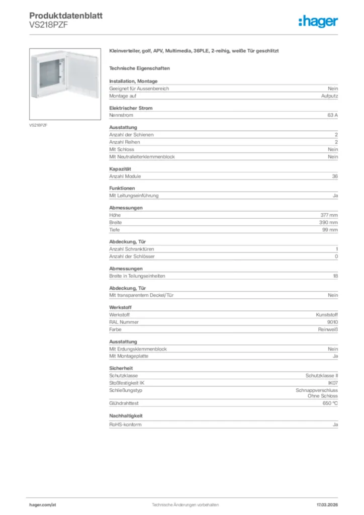Bild Hager Produktdatenblatt VS218PZF | Hager Deutschland