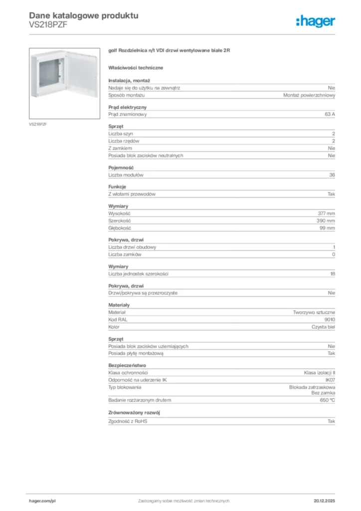 Zdjęcie Hager Karta katalogowa VS218PZF | Hager Polska