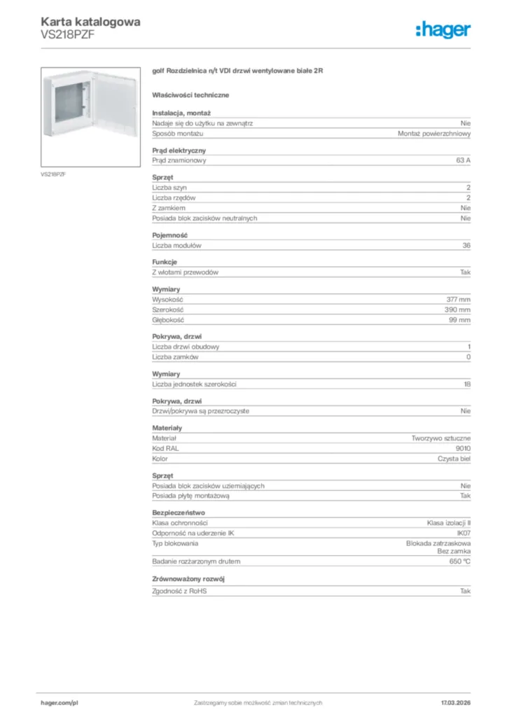 Zdjęcie Hager Karta katalogowa VS218PZF | Hager Polska
