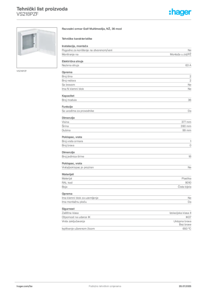 Slika Hager Product data sheet VS218PZF  | Hager