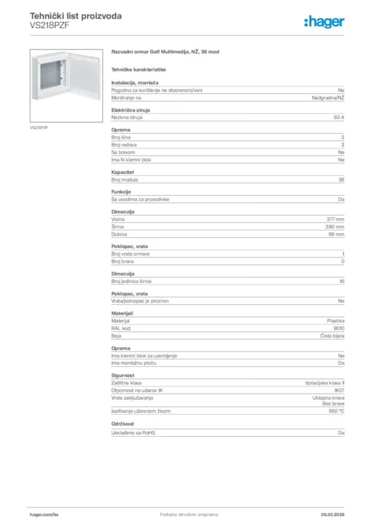 Slika Hager Tehnički list proizvoda VS218PZF  | Hager
