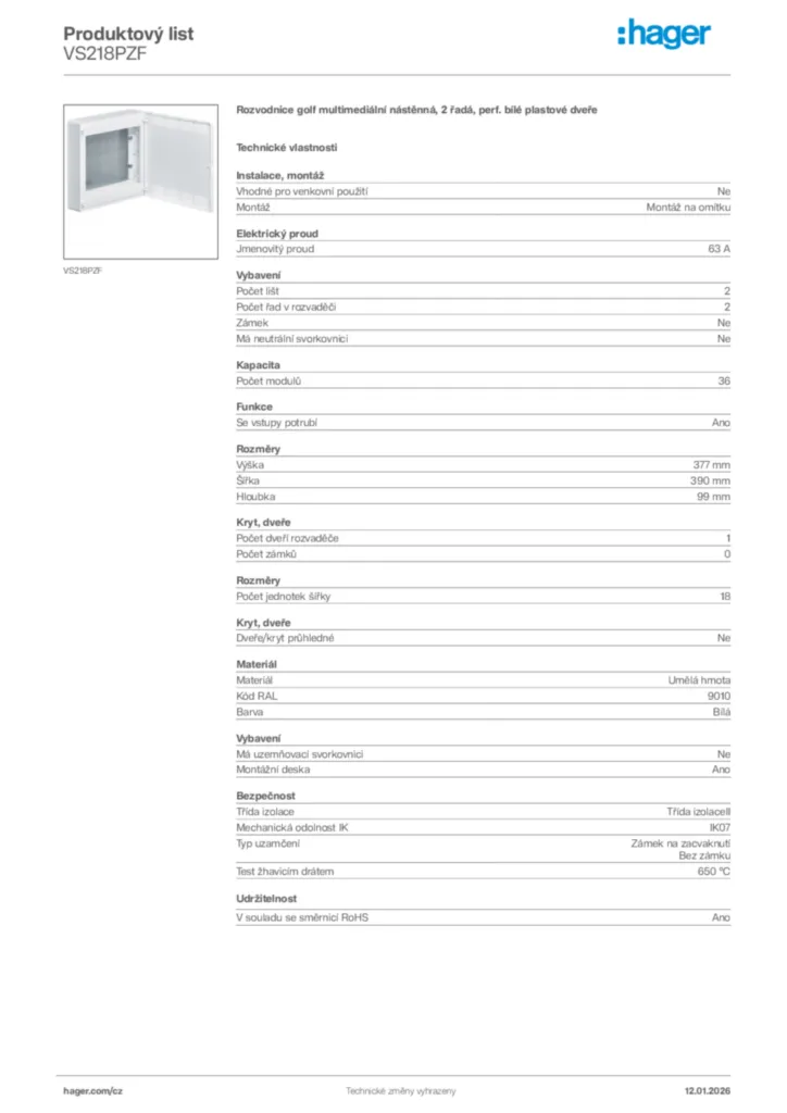 Obrázek Hager Product data sheet VS218PZF | Hager