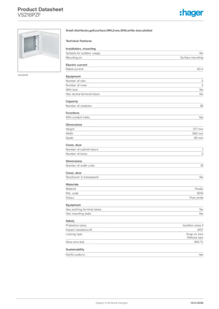 Image Hager Product data sheet VS218PZF  | Hager