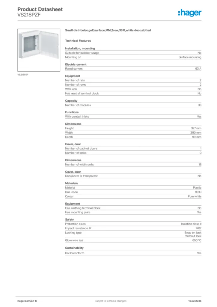 Image Hager Product data sheet VS218PZF  | Hager