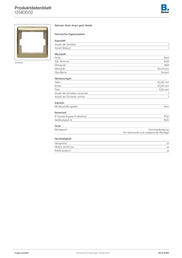Bild Berker Produktdatenblatt 13140002 | Hager Deutschland