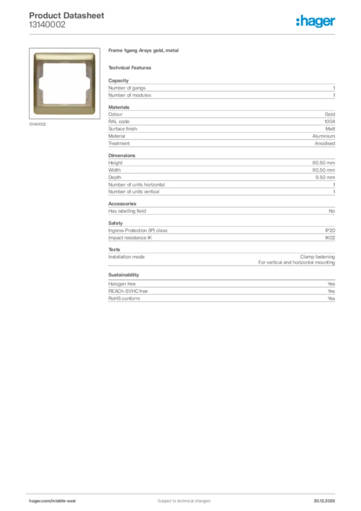 Image Hager Product data sheet 13140002  | Hager