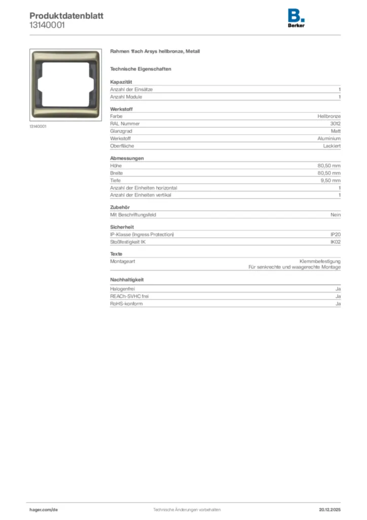 Bild Berker Produktdatenblatt 13140001 | Hager Deutschland