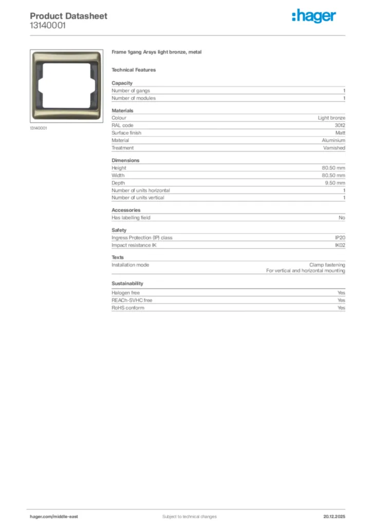 Image Hager Product data sheet 13140001  | Hager