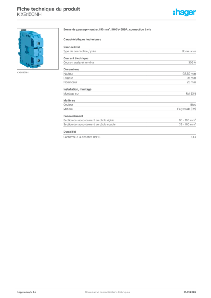 Image Hager Fiche technique du produit KXB150NH | Hager Belgique
