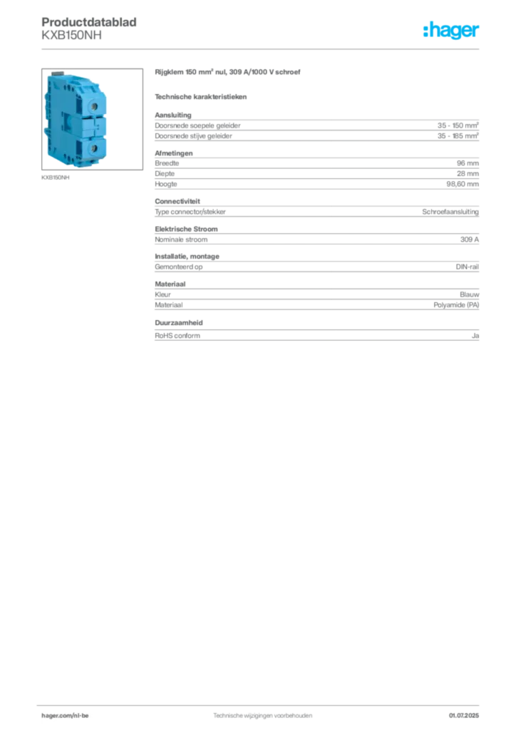 Afbeelding Hager Productdatablad KXB150NH | Hager Belgium