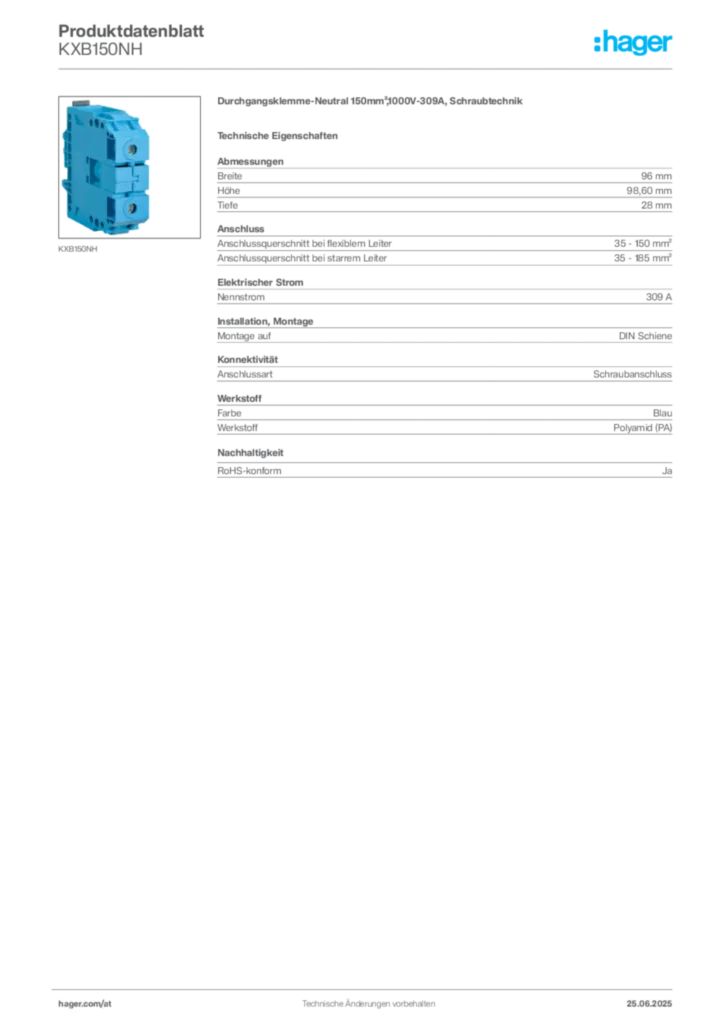 Bild Hager Produktdatenblatt KXB150NH | Hager Deutschland