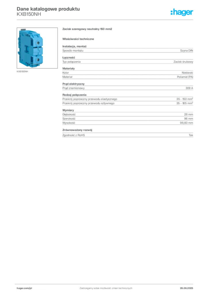Zdjęcie Hager Karta katalogowa KXB150NH | Hager Polska