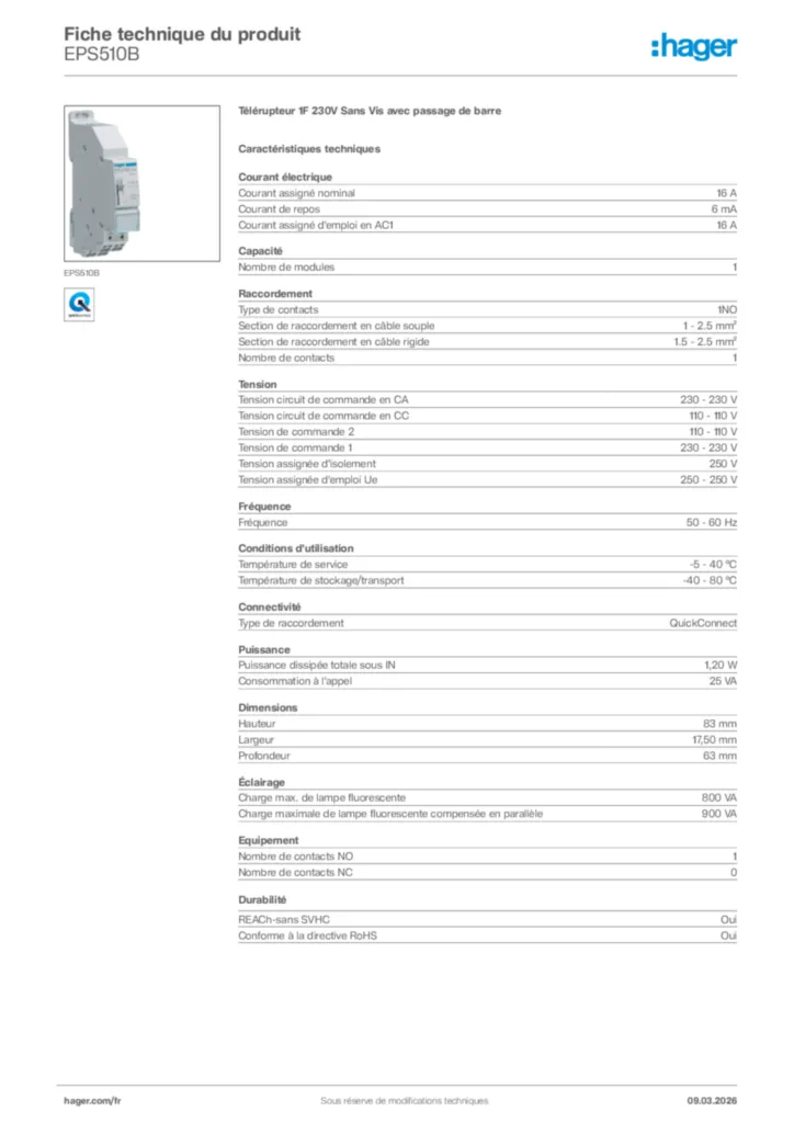 Image Hager Fiche technique du produit EPS510B | Hager France