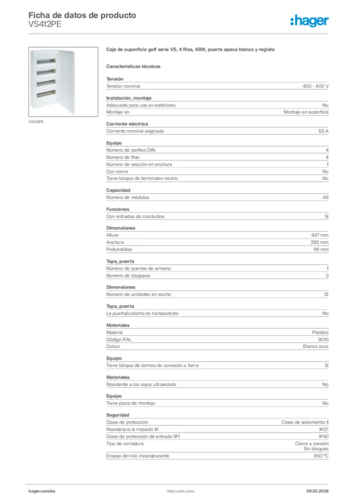 Imagen Hager Ficha de datos de producto VS412PE | Hager España