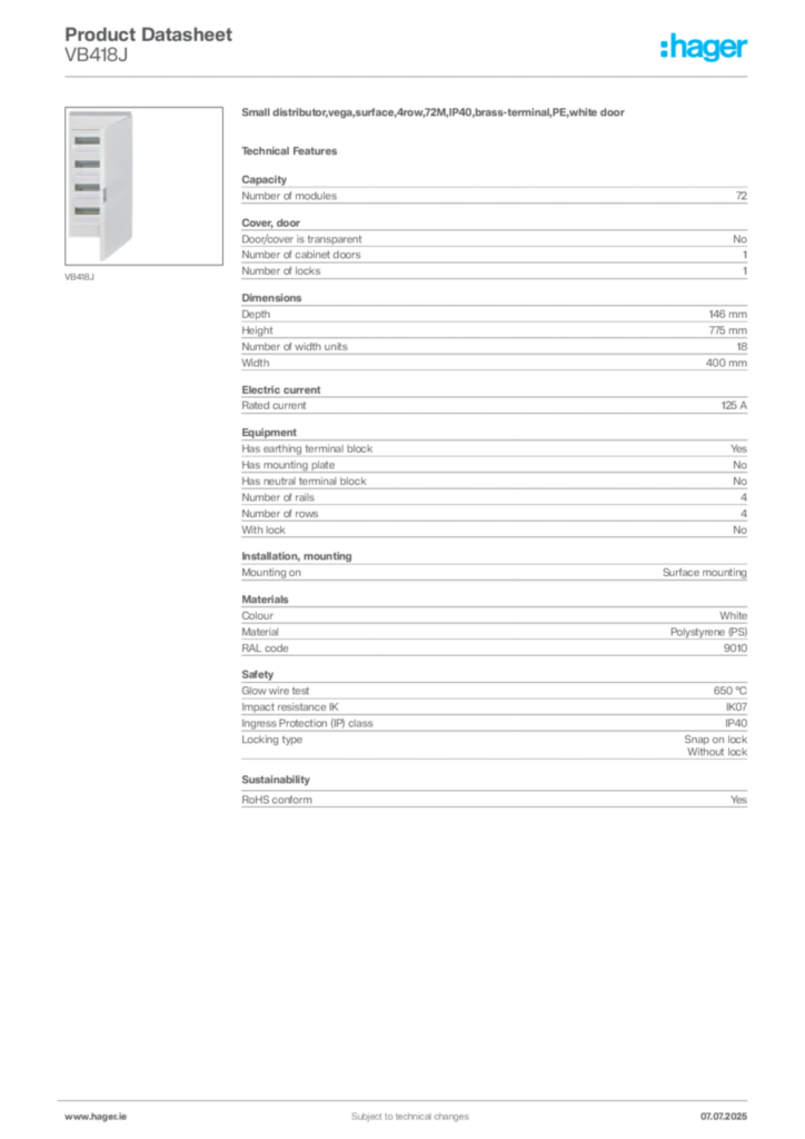 Image Hager Product data sheet VB418J  | Hager