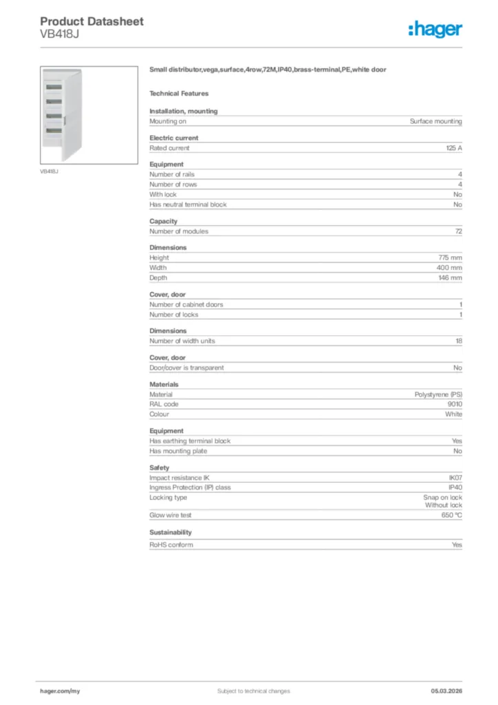 Image Hager Product data sheet VB418J  | Hager
