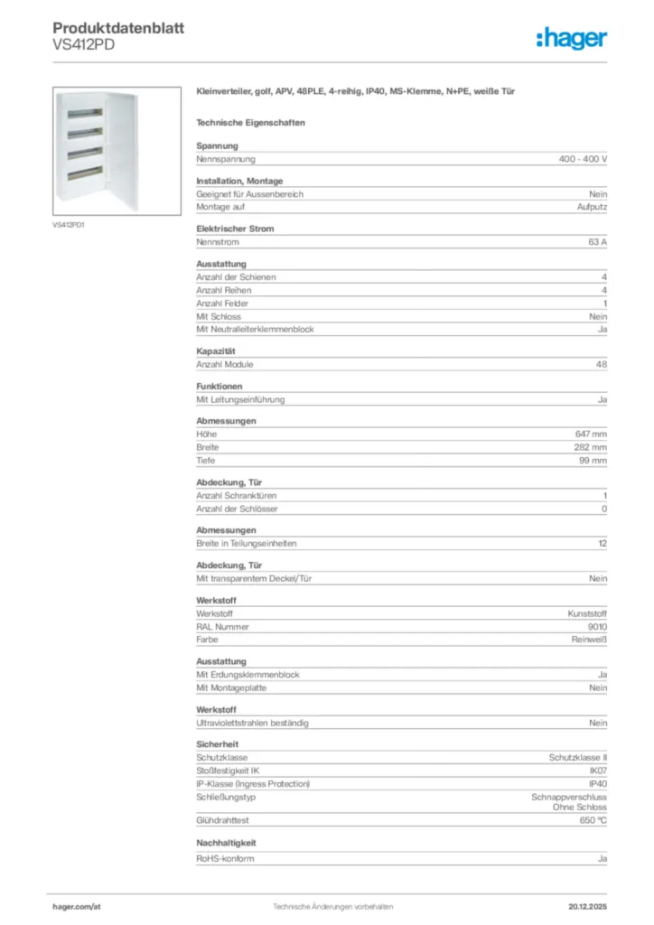 Bild Hager Produktdatenblatt VS412PD | Hager Deutschland