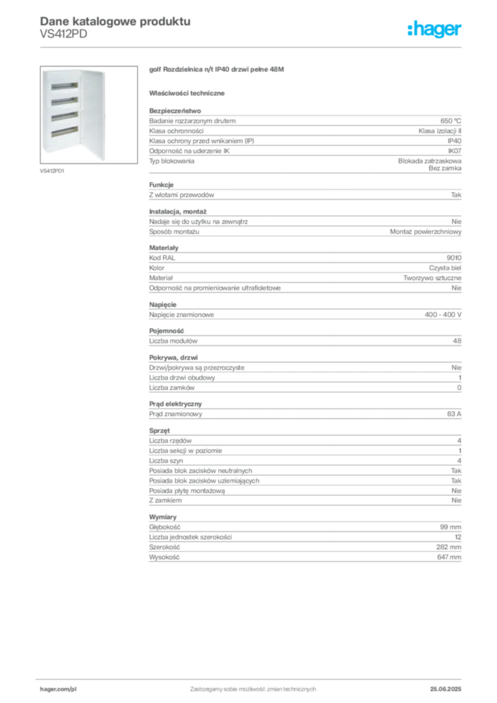 Zdjęcie Hager Karta katalogowa VS412PD | Hager Polska
