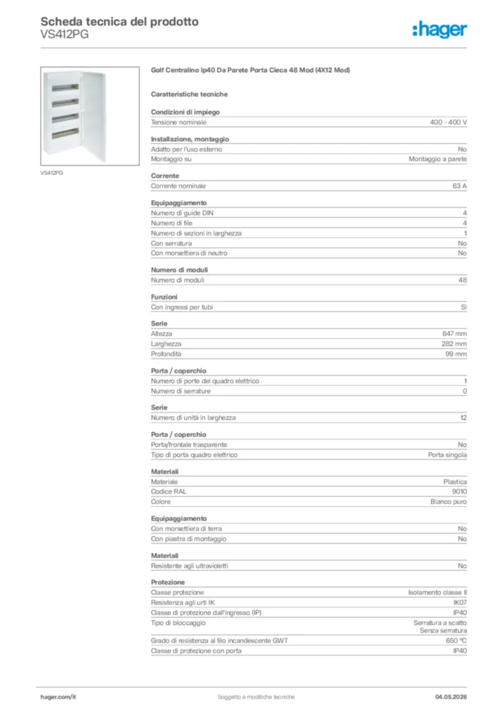 Immagine Hager Scheda tecnica del prodotto VS412PG | Hager Italia