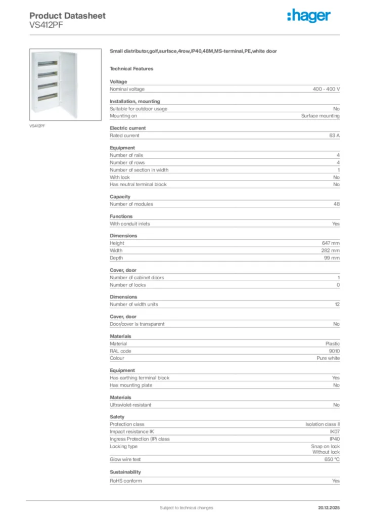 Image Hager Product data sheet VS412PF  | Hager Africa