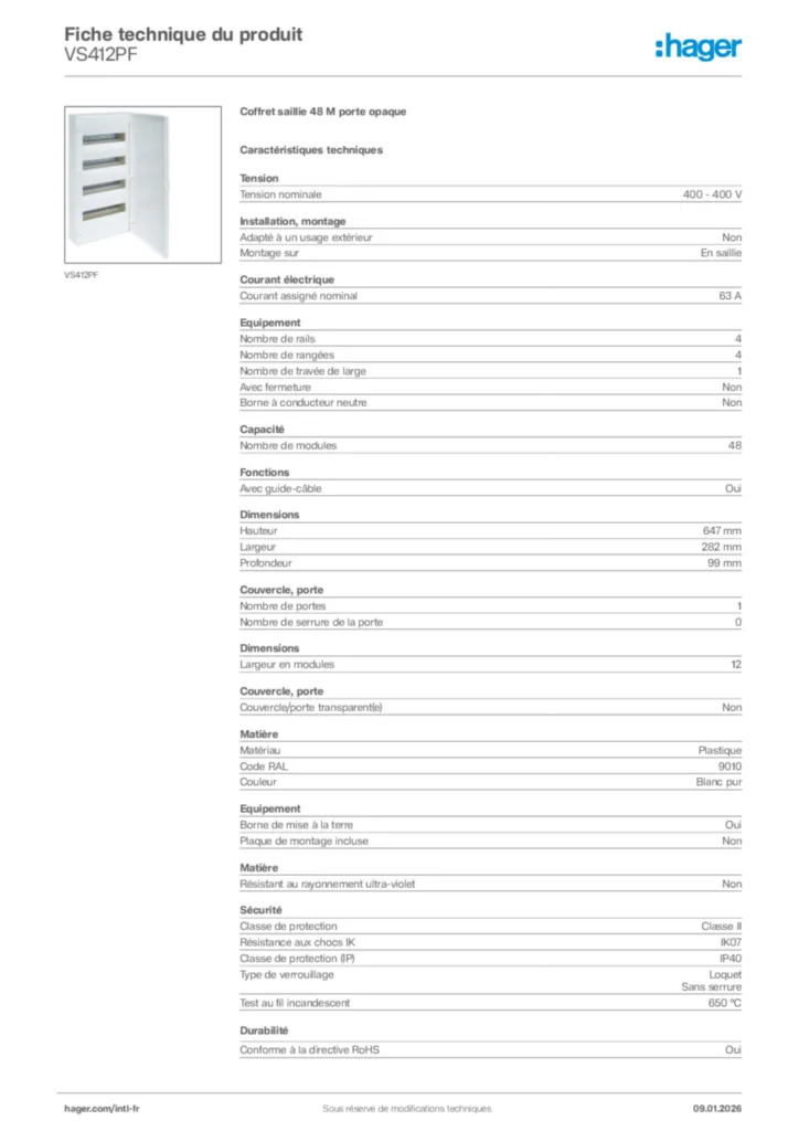 Image Hager Fiche technique du produit VS412PF | Hager Afrique