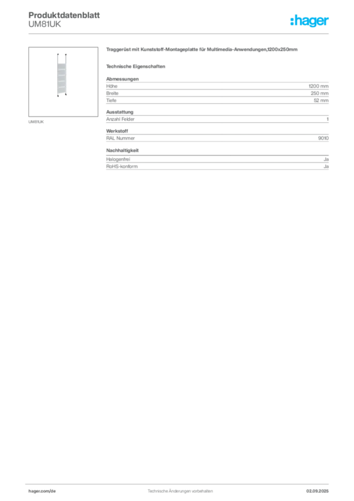 Bild Hager Produktdatenblatt UM81UK | Hager Deutschland