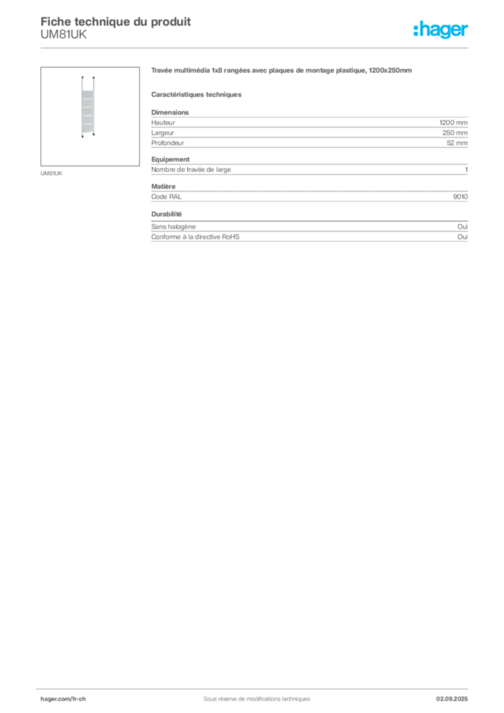 Image Hager Fiche technique du produit UM81UK | Hager Suisse