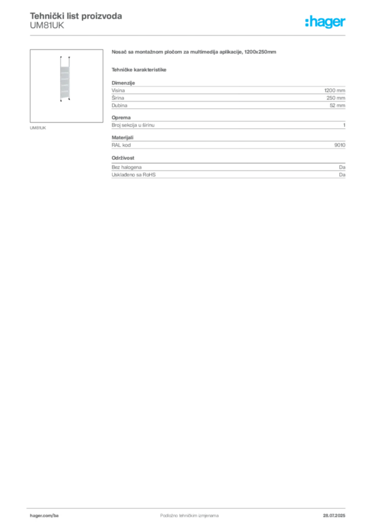 Slika Hager Product data sheet UM81UK  | Hager