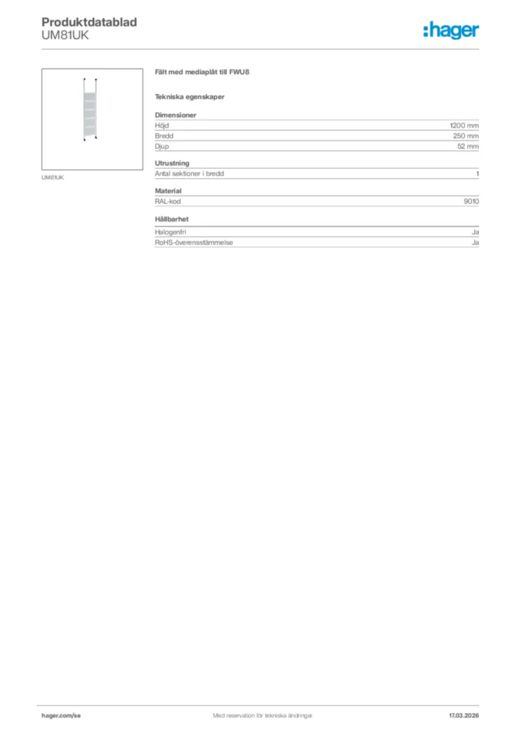 Bild Hager Produktdatablad UM81UK | Hager Sverige