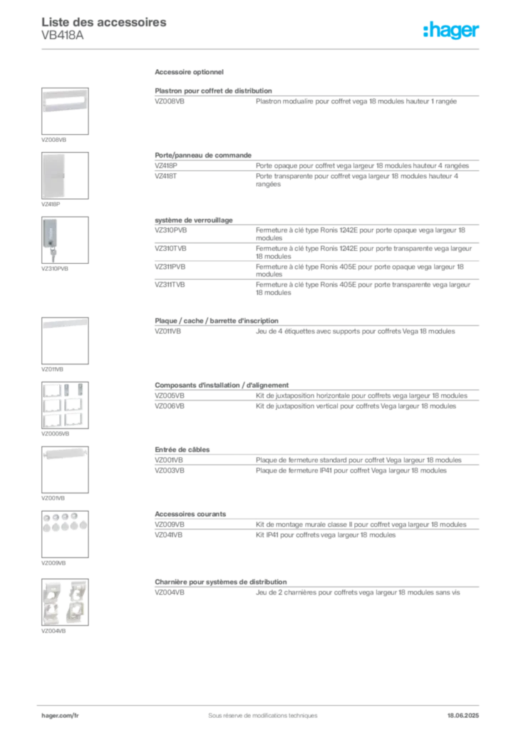 Image Hager Fiche technique du produit VB418A | Hager France