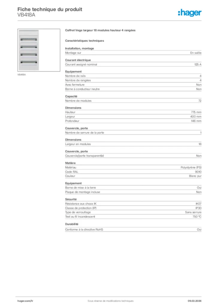 Image Hager Fiche technique du produit VB418A | Hager France