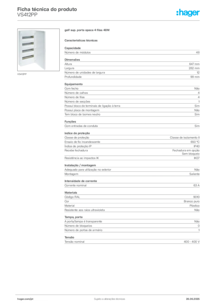 Imagem Hager Ficha técnica do produto VS412PP | Hager Portugal