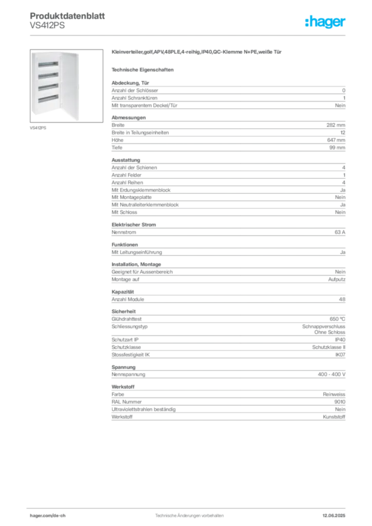 Bild Hager Produktdatenblatt VS412PS | Hager Schweiz