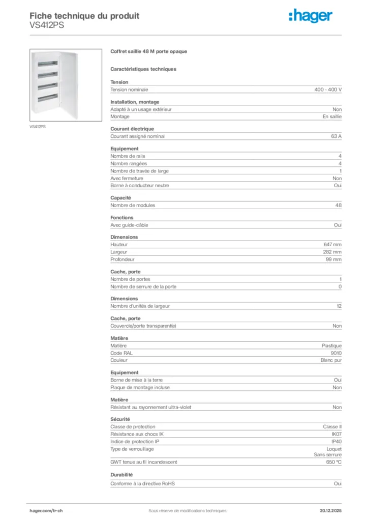 Image Hager Fiche technique du produit VS412PS | Hager Suisse