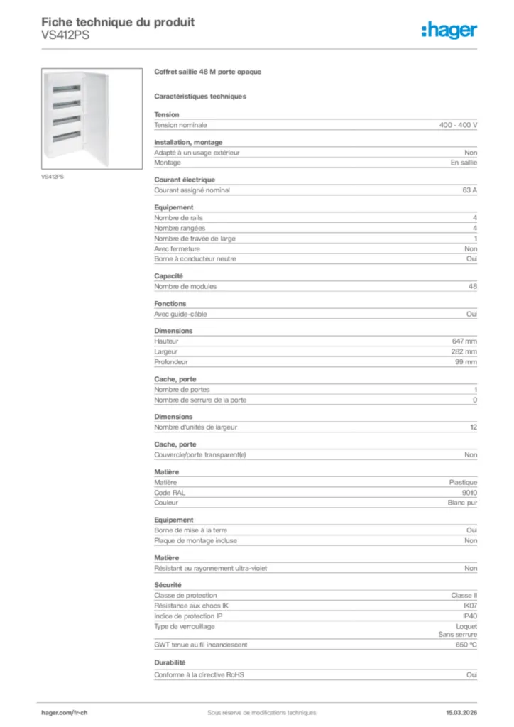 Image Hager Fiche technique du produit VS412PS | Hager Suisse