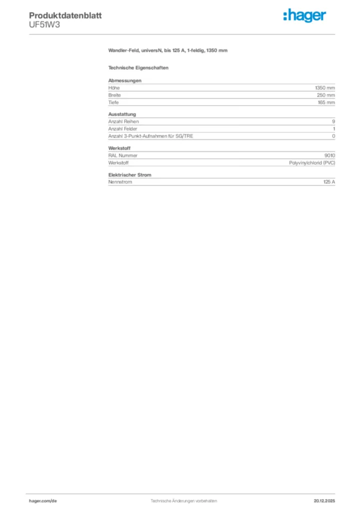 Bild Hager Produktdatenblatt UF51W3 | Hager Deutschland