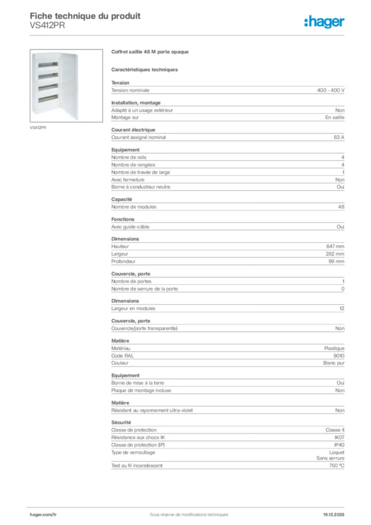 Image Hager Fiche technique du produit VS412PR | Hager France