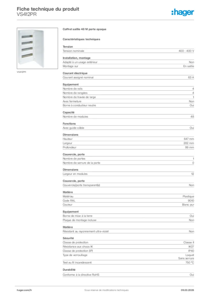 Image Hager Fiche technique du produit VS412PR | Hager France